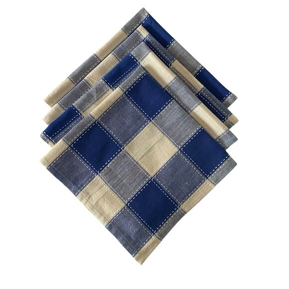 Lot of 4 Cloth Napkins Blue Cream Buffalo Plaid 17.25" x 17.25" Cotton Dining - Picture 4 of 4